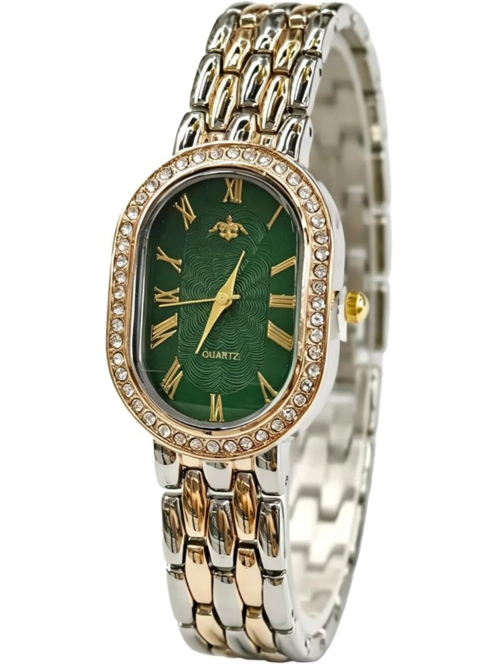 Women's Duotone Green Oval Rhinestones Case Adjustable Stainless Steel Watch